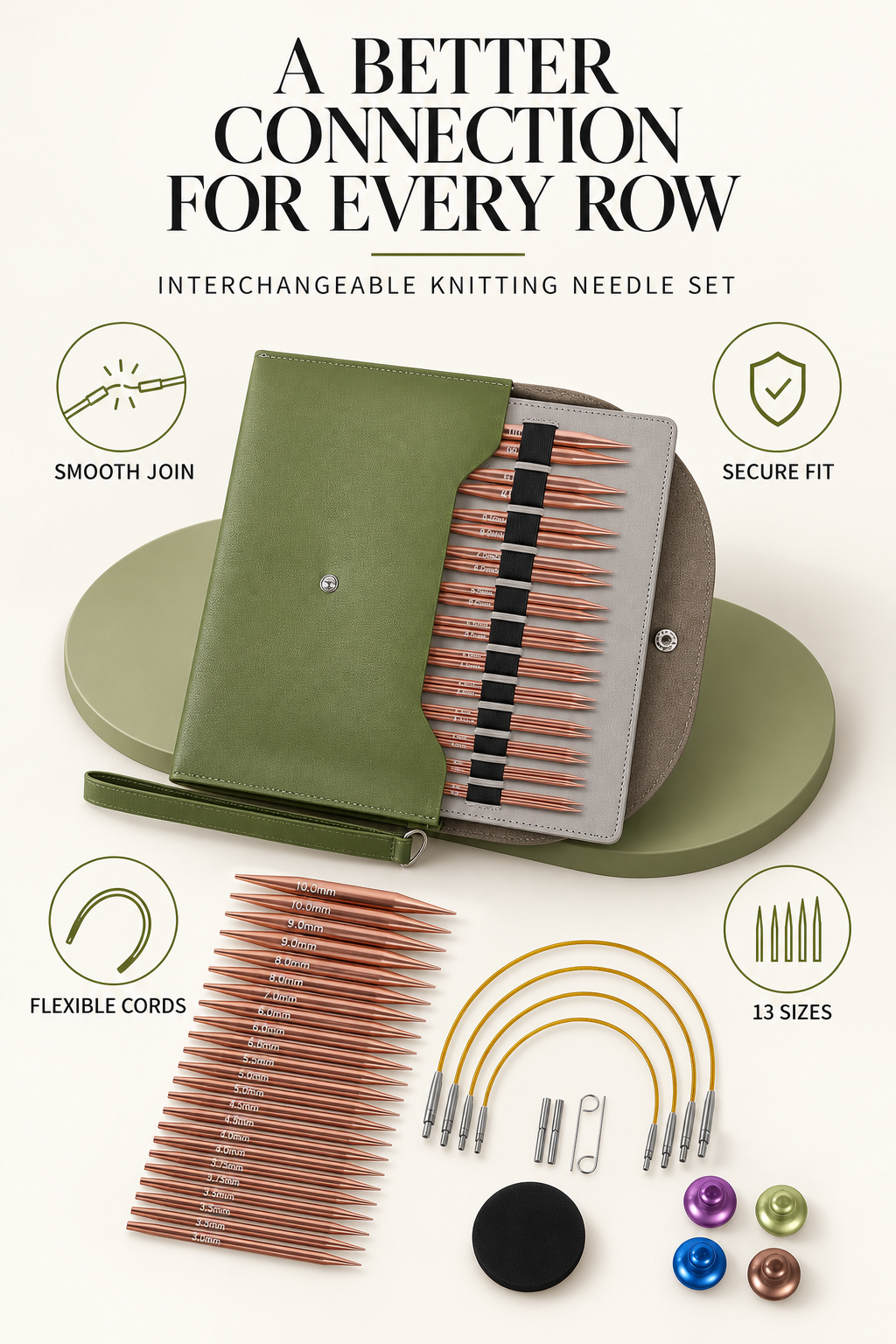 4-inch Knitting Needles Set, 13 Pairs Interchangeable Circular Knitting Needles Set Aluminum 3-10mm with 5 Cables, Knitting Accessories and Case, Green