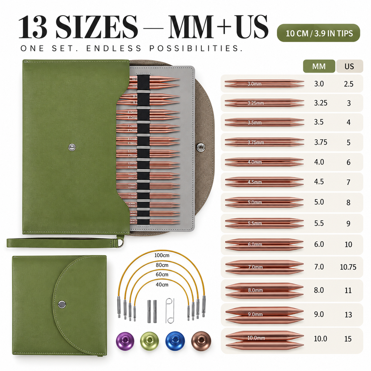 4-inch Knitting Needles Set, 13 Pairs Interchangeable Circular Knitting Needles Set Aluminum 3-10mm with 5 Cables, Knitting Accessories and Case, Green