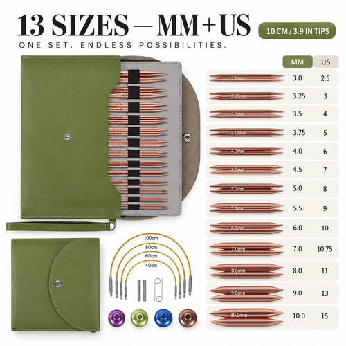 4-inch Knitting Needles Set, 13 Pairs Interchangeable Circular Knitting Needles Set Aluminum 3-10mm with 5 Cables, Knitting Accessories and Case, Green