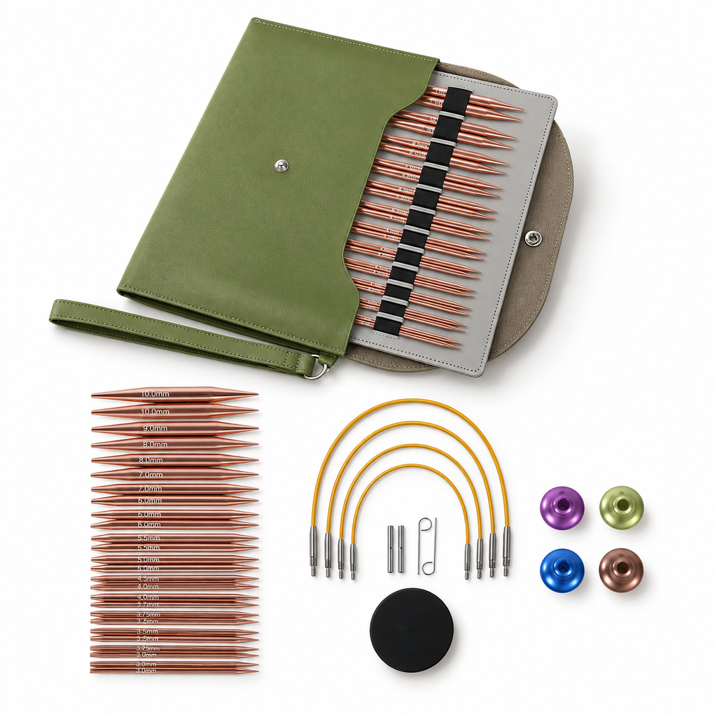 4-inch Knitting Needles Set, 13 Pairs Interchangeable Circular Knitting Needles Set Aluminum 3-10mm with 5 Cables, Knitting Accessories and Case, Green